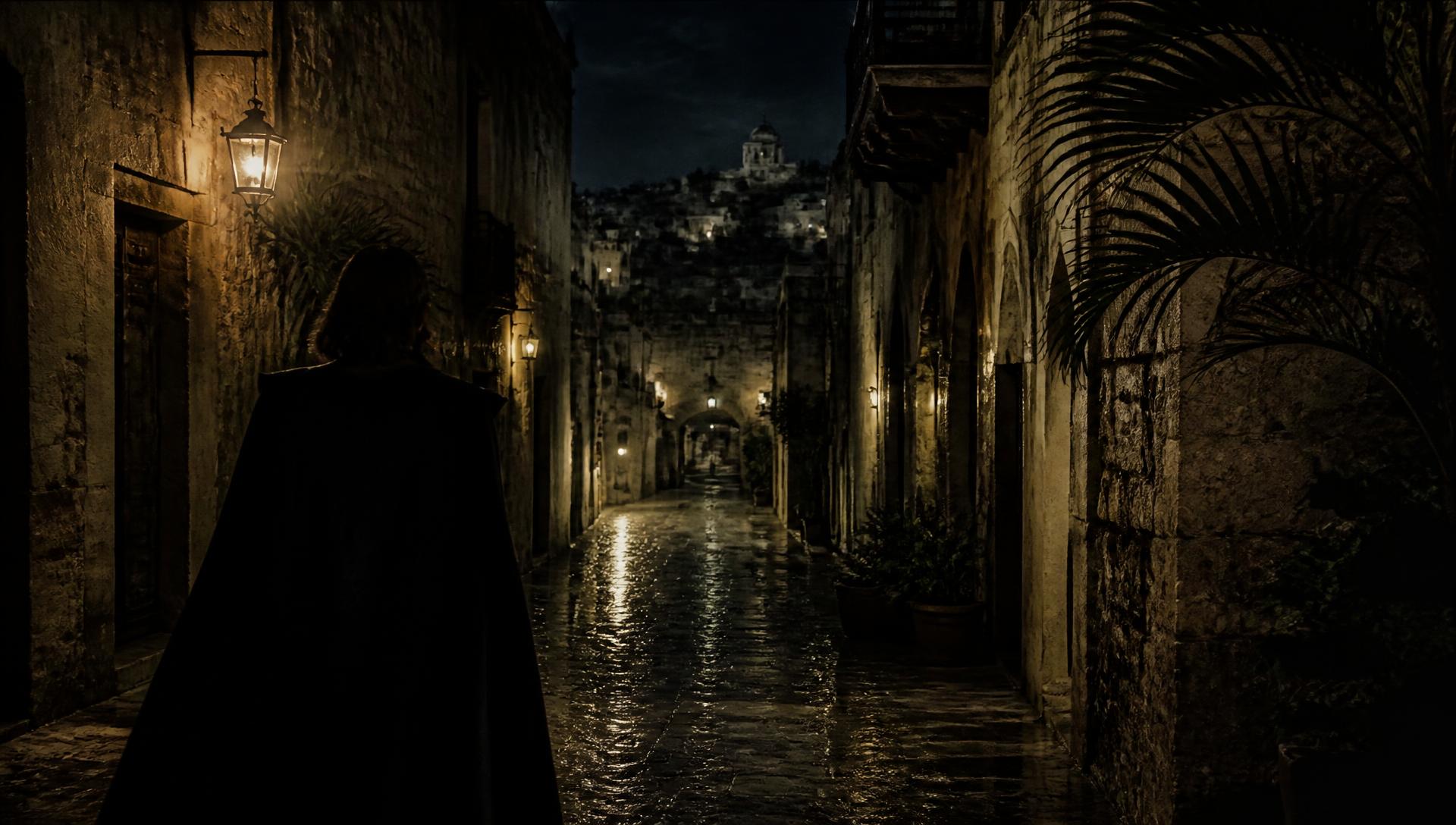 Key art from Harbour of Salt: a cloaked figure on a lantern-lit street at night